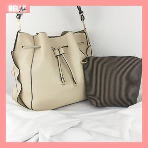 Ruffled Drawstring Bucket Hobo w/ makeup bag